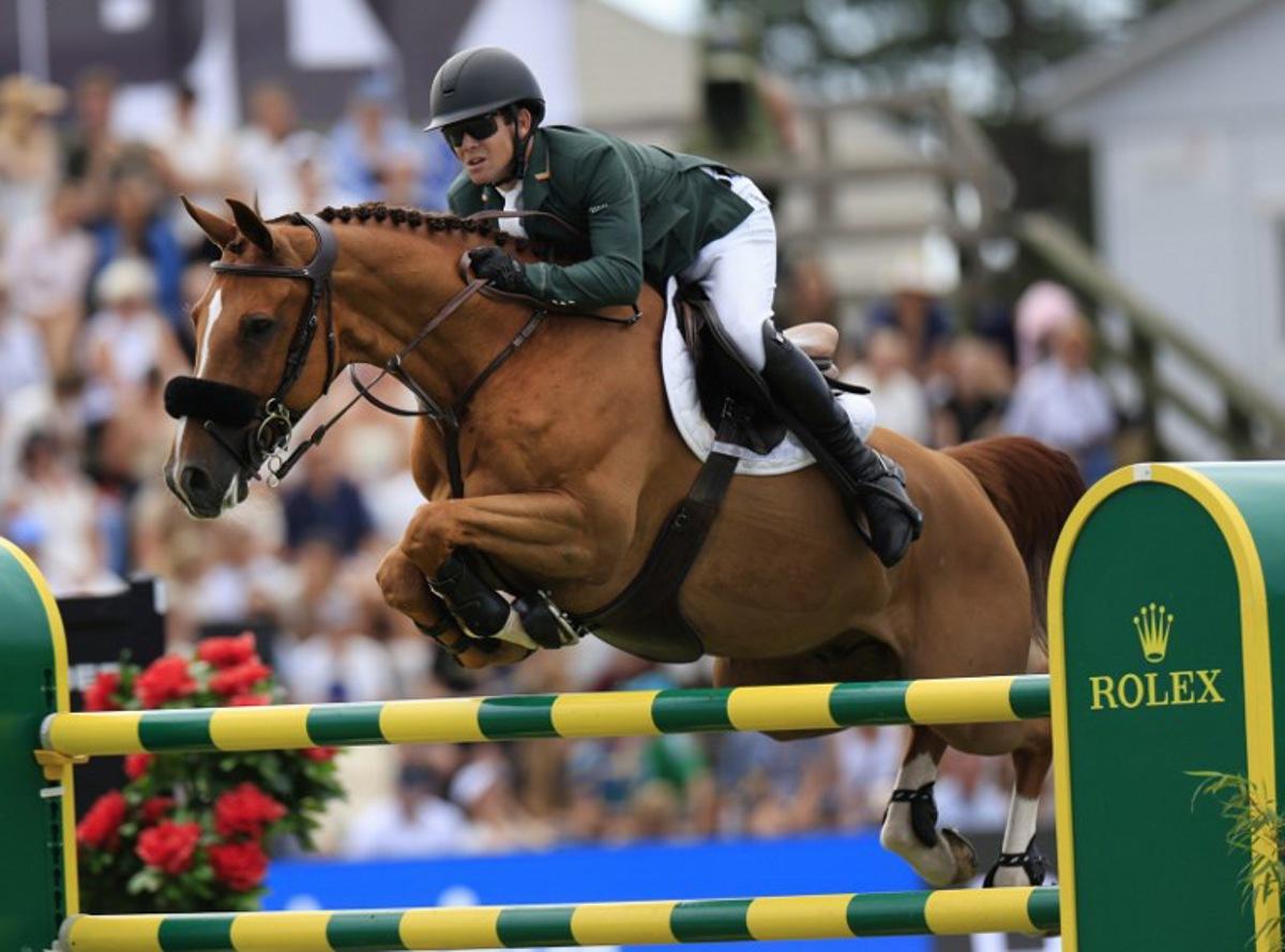 Ireland's Shane Sweetnam competes on the horse "Coriaan Van Klapscheut Z" during the Falsterbo Nations Cup 2026 international show jumping event as part of the Falsterbo Horse Show in Falsterbo, Sweden, on July 10, 2026.  Andreas HILLERGREN / TT News Agency / AFP
