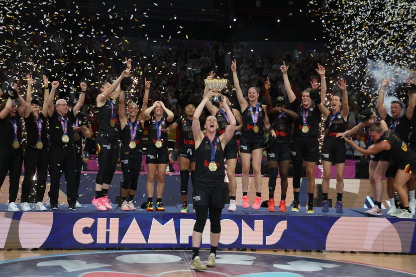 Belgium's captain Emma Meesseman celebrate this the cup on the podium after winning a basketball match between Spain and Belgian national team 'the Belgian Cats' on Sunday 29 June 2025 in Piraeus, Greece, the final of the FIBA Women's EuroBasket 2025.  BELGA PHOTO VIRGINIE LEFOUR