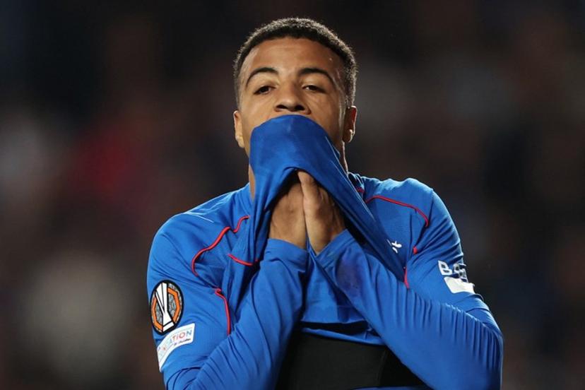 Rangers' Moroccan striker #29 Hamza Igamane reacts after the UEFA Europa League quarter final football match between Rangers and Athletic Club Bilbao at the Ibrox Stadium in Glasgow on April 10, 2025.  Ewan Bootman / AFP
