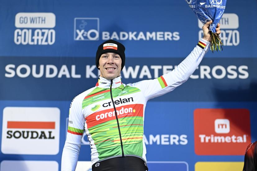 Belgian Laurens Sweeck pictured on the podium after the men's elite race of the Krawatencross cyclocross in Lille, stage 7 (out of 8) in the X2O Trofee Veldrijden competition, . BELGA PHOTO JASPER JACOBS