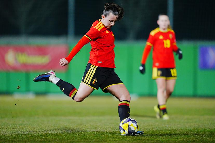Hannah Eurlings of Belgium in action during a game between Belgium's national women's soccer team the Red Flames and Israel, qualifying game 1/6 for the 2027 FIFA Women's World Cup, on Tuesday 03 March 2026, in Budaors, Hungary. BELGA PHOTO ISTVAN DERENCSENYI