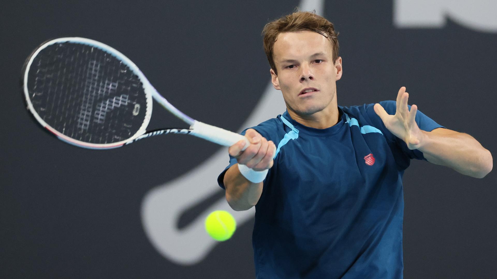 Belgian Michael Geerts pictured in action during a tennis match against Canadian Diez, a qualification for the men's singles at the BW Open ATP Challenger 125 tournament, in Louvain-la-Neuve, Monday 22 January 2024. THE BW Open takes place from 22 to 28 January. BELGA PHOTO BENOIT DOPPAGNE