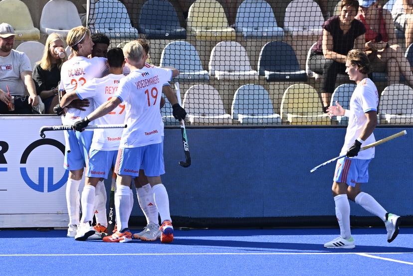 a hockey game between Belgian national team Red Lions and The Netherlands, match 2/3 in the pool stage of the 2025 men's European championships, Sunday 10 August 2025 in Monchengladbach, Germany.  BELGA PHOTO ERIC LALMAND