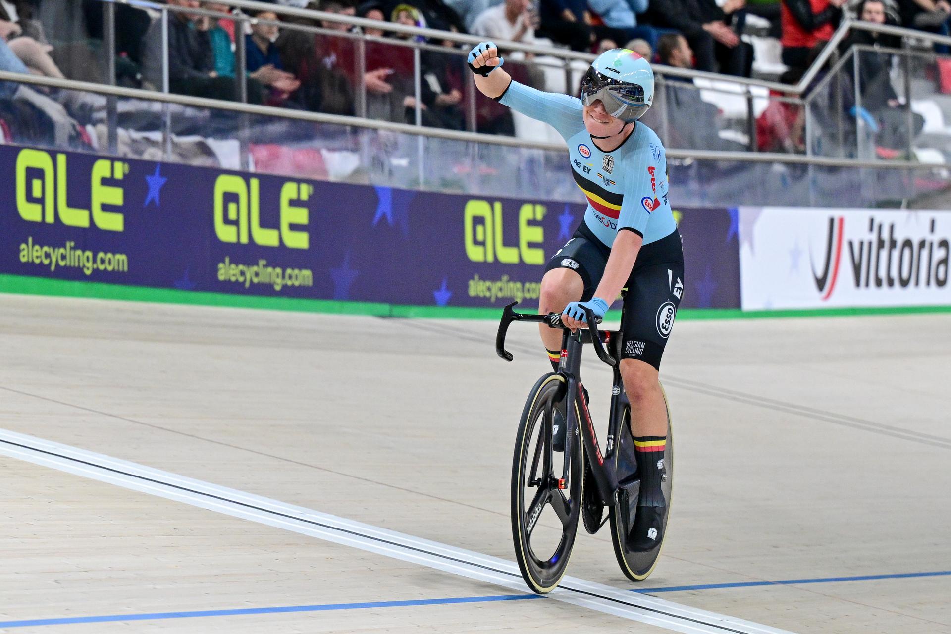 Belgian Lotte Kopecky celebrates after winning the women's Points Race final at day 4 of the 2026 UEC Track Elite European Championships, in Konya, Turkey, Wednesday 04 February 2026. The European Championships take place from 01 to 05 February 2026. BELGA PHOTO DIRK WAEM