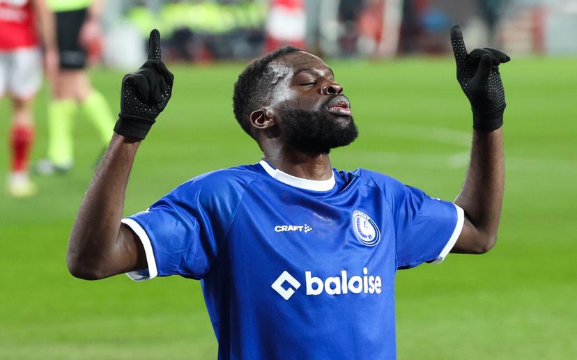 Gent's Wilfried Kanga celebrates after scoring during a soccer match between Standard de Liege and KAA Gent, Friday 23 January 2026 in Liege, on day 21 of the 2025-2026 'Jupiler Pro League' first division of the Belgian championship. BELGA PHOTO VIRGINIE LEFOUR
