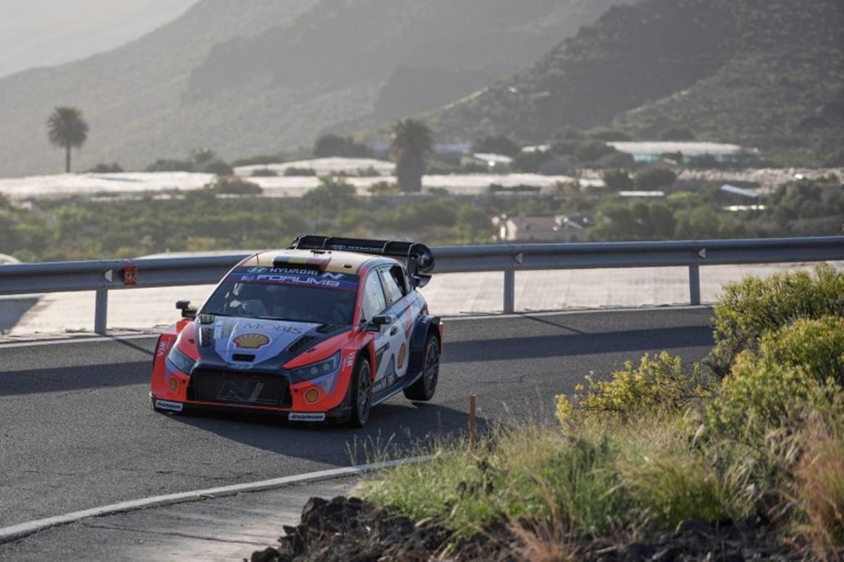 Thierry Neuville of Belgium and his co-driver Martijn Wydaeghe of Belgium compete in their Hyundai i20 N Rally 1 during the SS14 special Aguimes - Santa Lucia of the World Rally Championship (WRC) Rally Islas Canarias on the island of Gran Canaria in Spain's Canary Islands, on April 27, 2025.  Manaure QUINTERO / AFP