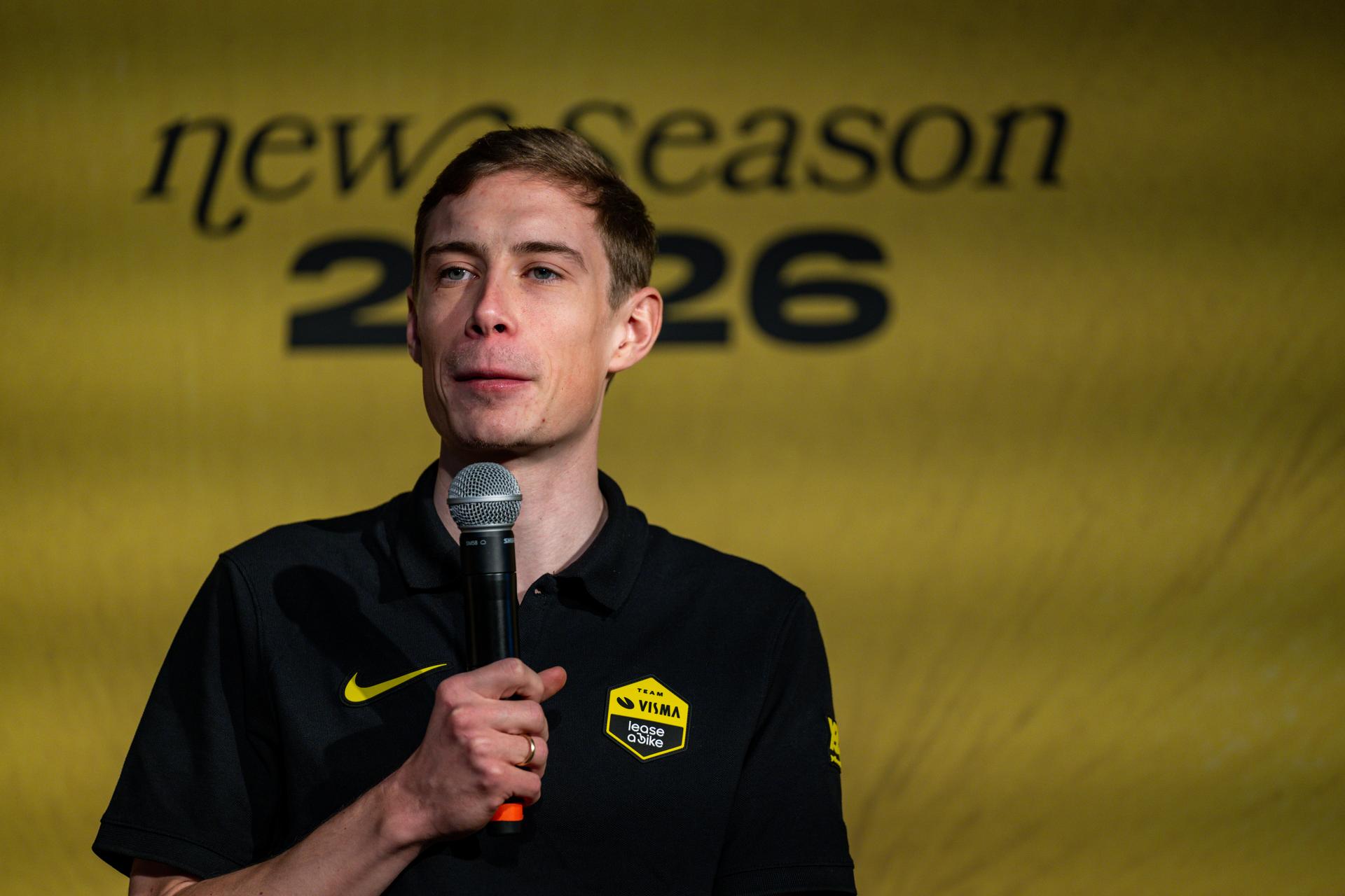 Danish Jonas Vingegaard Hansen pictured during the team presentation of the Team Visma-Lease a Bike cycling team in Alicante, Spain, Tuesday 13 January 2026. BELGA PHOTO DAVID PINTENS