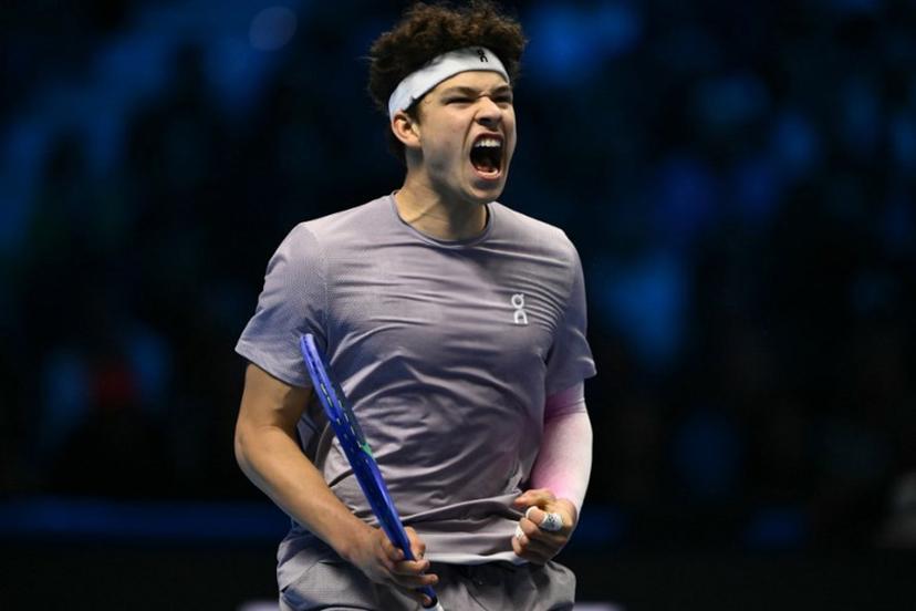 USA's Ben Shelton reacts during his match against Canada's Felix Auger-Aliassime at the ATP Finals tennis tournament in Turin on November 12, 2025.  Marco BERTORELLO / AFP
