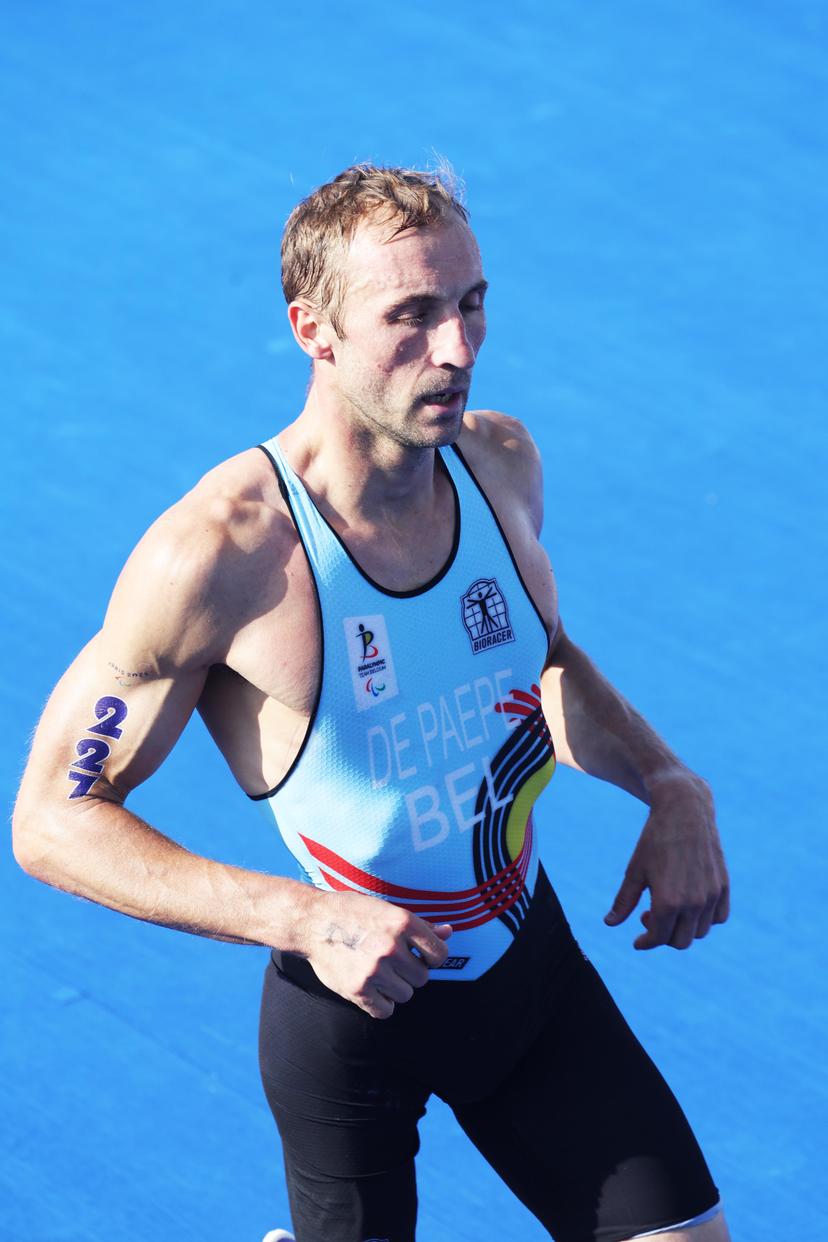 Belgian Wim De Paepe pictured in action during the running part of the Men Individual PTS2 triathlon event, on day 6 of the 2024 Summer Paralympic Games in Paris, France on Monday 02 September 2024. The 17th Paralympics are taking place from 28 August to 8 September 2024 in Paris. BELGA PHOTO VIRGINIE LEFOUR