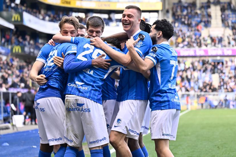 Genk's Noah Adedeji-Sternberg celebrates after scoring during a soccer match between KRC Genk and KAA Gent, Sunday 01 March 2026 in Genk, on day 27 of the 2025-2026 'Jupiler Pro League' first division of the Belgian championship. BELGA PHOTO JOHAN EYCKENS