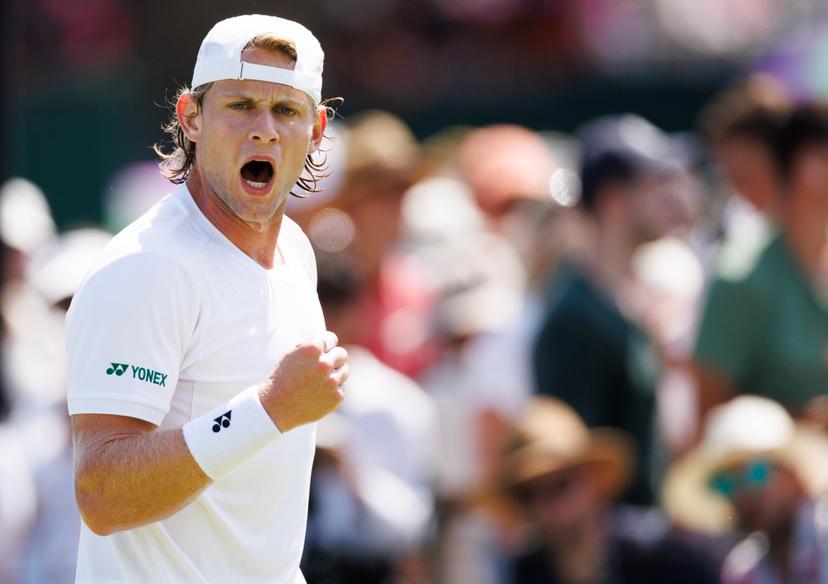 Belgian Zizou Bergs reacts during a tennis match between Belgian Bergs and South African Harris, in the first round of the men's singles at the 2025 Wimbledon grand slam tournament, Monday 30 June 2025 at the All England Tennis Club, in South-West London, Britain. BELGA PHOTO BENOIT DOPPAGNE