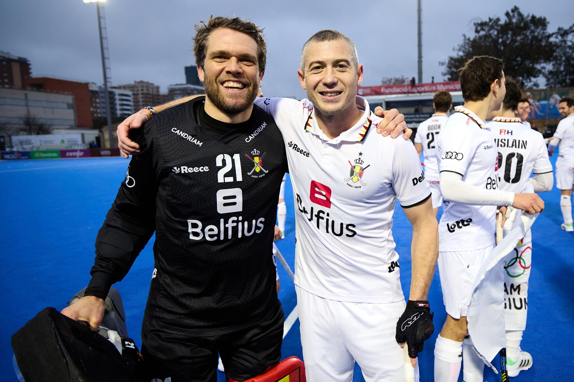 Belgium's goalkeeper Vincent Vanasch and Belgium's John-John Dohmen celebrate after a hockey game between Belgium's national team the Red Lions and South-Korea, in the semi-finals of the men's Olympic Qualification tournament, in Valencia, Spain, Friday 19 January 2024. The Red Lions won and are qualified for the 2024 Olympics. BELGA PHOTO DAVID RAMIREZ RODRIGUEZ