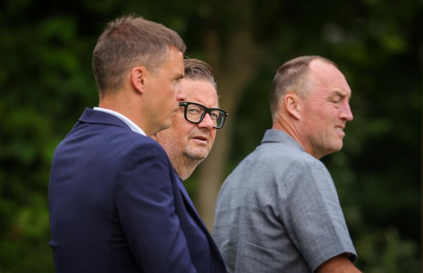 Anderlecht's CEO Peter Verbeke, Anderlecht's main shareholder and former chairman Marc Coucke and Anderlecht's chairman Wouter Vandenhaute arrive for a friendly soccer match between RSCA Anderlecht and FC Norsjaelland (Denmark), Saturday 09 July 2022 in Horst, in the Netherlands, to prepare the 2022-2023 'Jupiler Pro League' first division of the Belgian championship. BELGA PHOTO VIRGINIE LEFOUR