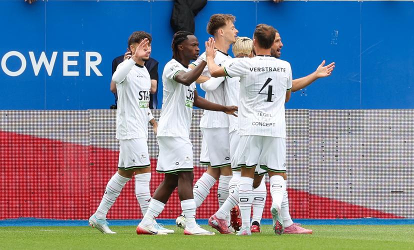 OHL's Mathieu Maertens celebrates after scoring during a soccer match between Oud-Heverlee Leuven and Sporting Charleroi, Sunday 27 July 2025 in Heverlee, on day 1 of the 2025-2026 'Jupiler Pro League' first division of the Belgian championship. BELGA PHOTO VIRGINIE LEFOUR