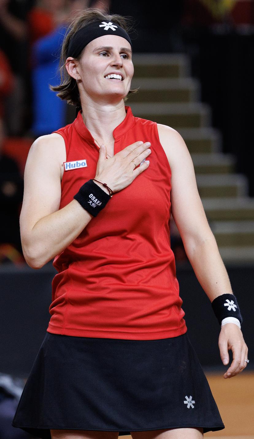 Belgian Greet Minnen celebrates winning the fourth game between Belgian Minnen and US' Jovic on the second day of the qualifiers of the Billie Jean King Cup tennis between Belgium and the USA, in Oostende, Belgium, on Saturday 11 April 2026. The meeting takes place on 10 and 11th April. PHOTO BENOIT DOPPAGNE