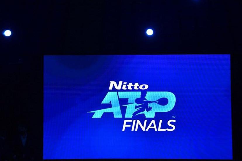 The big screen shows the logo for the Nitto ATP Finals as final preparations take place ahead of play on day one of the ATP World Tour Finals tennis tournament at the O2 Arena in London on November 15, 2020.  Glyn KIRK / AFP