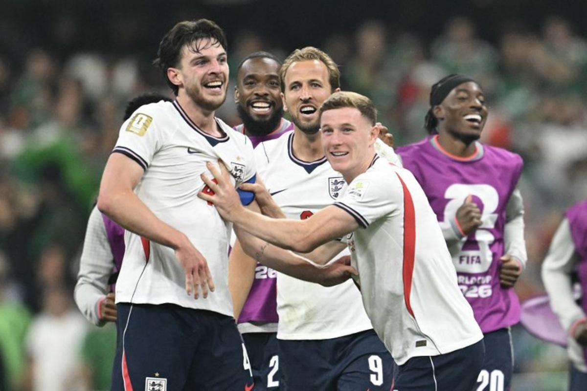 England's midfielder #04 Declan Rice and England's forward #09 Harry Kane celebrate after winning the 2026 World Cup round of 16 football match between Mexico and England at the Mexico City Stadium in Mexico City on July 5, 2026.   Yuri CORTEZ / AFP
