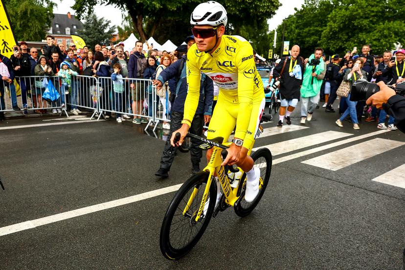 Dutch Mathieu van der Poel of Alpecin-Deceuninck wearing the yellow jersey pictured at the start of the third stage of the 2025 Tour de France cycling, from Valenciennes to Dunkerque (178 km) on Monday 07 July 2025 in France. The 112th edition of the Tour de France starts on Saturday 5 July in Lille, France, and will finish in Paris, France on the 27th of July. BELGA PHOTO DAVID PINTENS