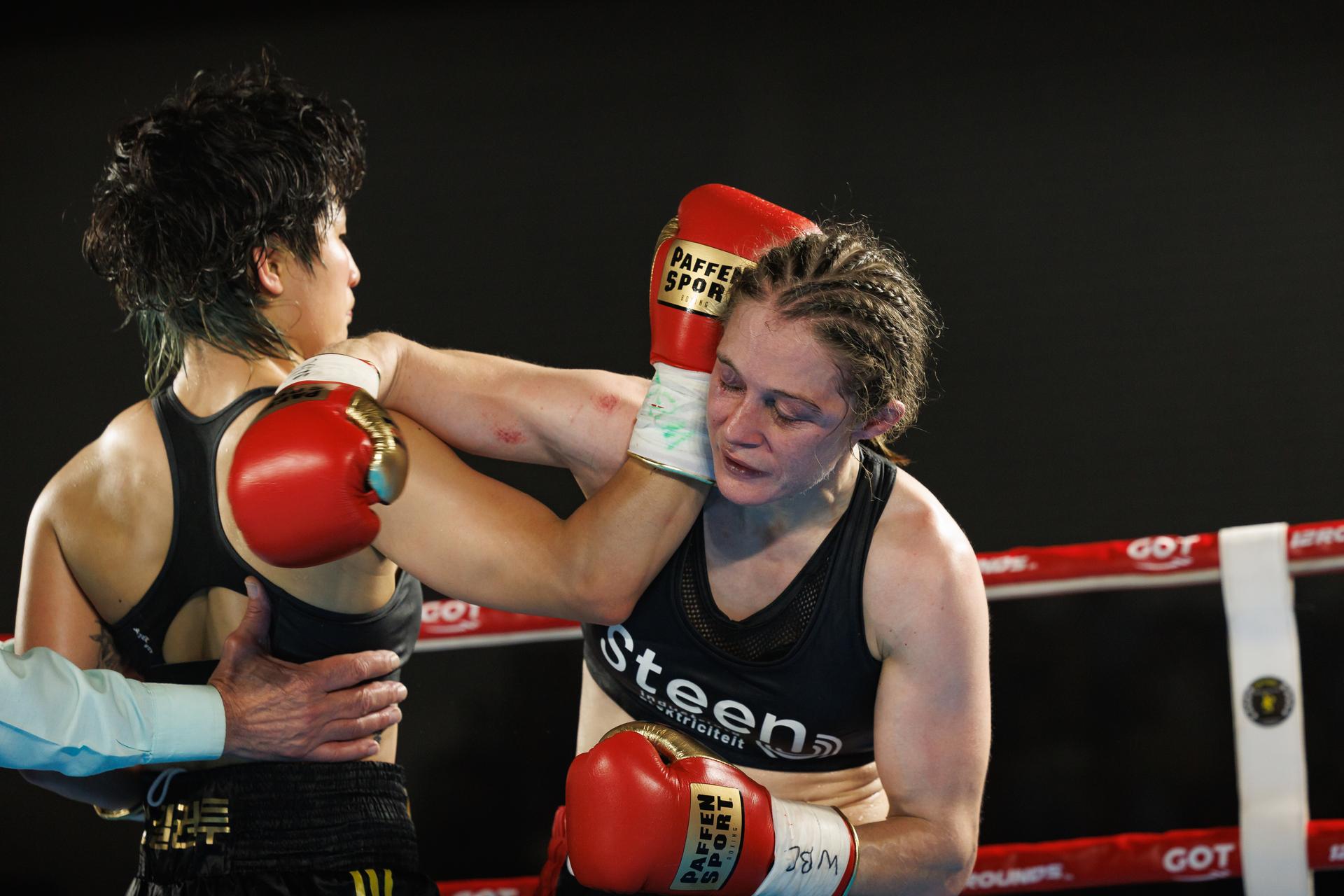 Belgian Delfine Persoon pictured in action during the fight between Belgian Delfine Persoon and Korean Bo Mi Re Shin, for the WBC Silver Super Feather title women title, Sunday 28 May 2023, in Torhout. BELGA PHOTO KURT DESPLENTER