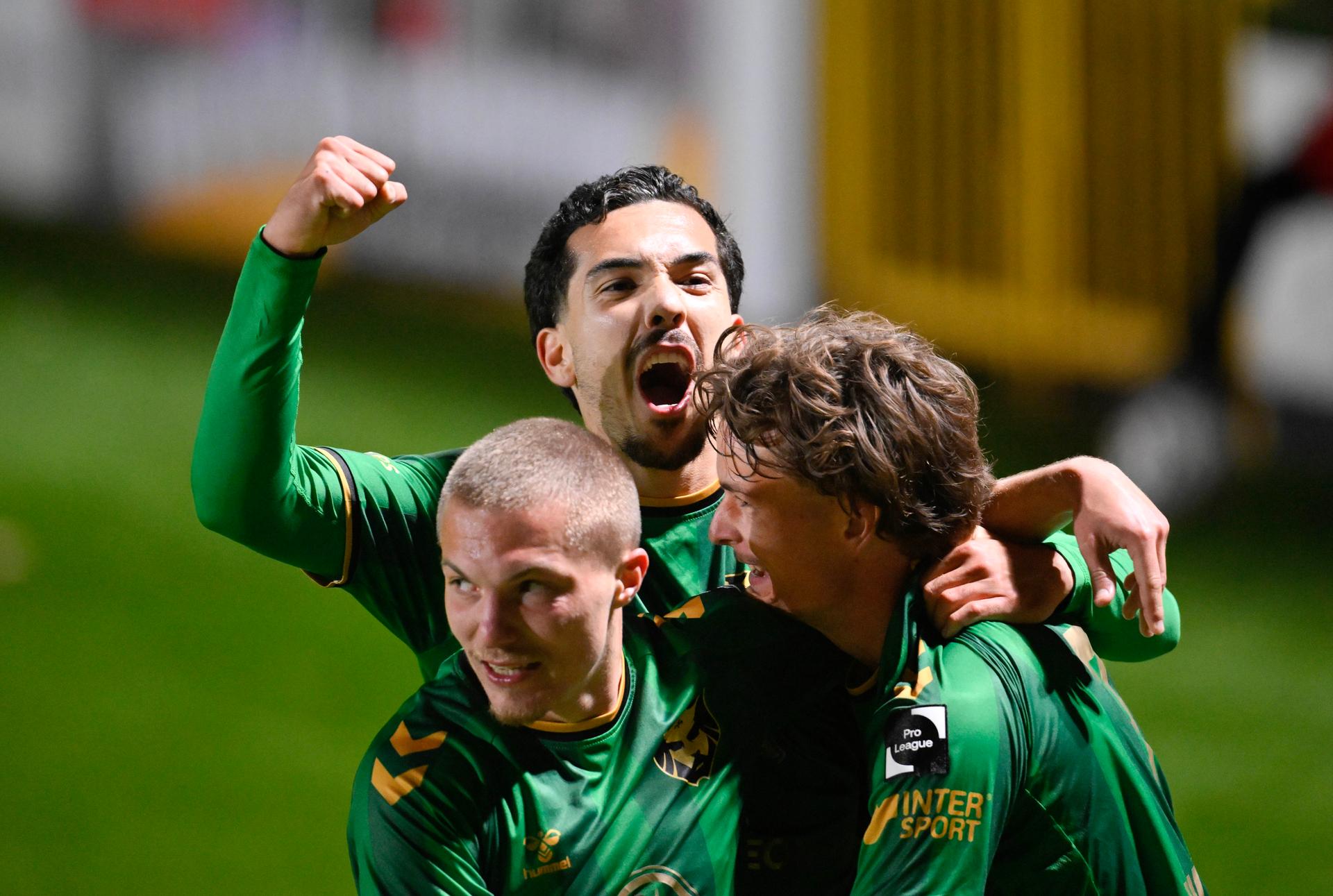 Francs Borains' Mathias Francotte, Francs Borains' Lucas Lima and Francs Borains' Philippe Wydra celebrate during a soccer game between Royal Francs Borains and Jong KAA Gent, Friday 24 October 2025 in Boussu, on day 11 of the 2025-2026 'Challenger Pro League' 1B second division of the Belgian championship. BELGA PHOTO JOHN THYS