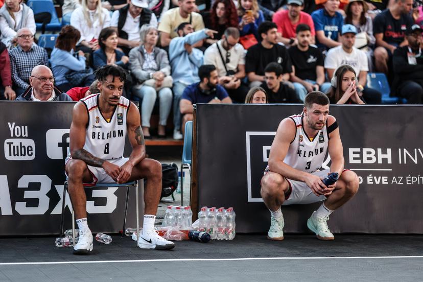 Belgian Dennis Donkor and Belgian Bryan De Valck look dejected after a third game in the group stage between Belgium and Poland in the group D at the Olympic qualification tournament for the 2024 Olympics, in Debrecen, Hungary, Saturday 18 May 2024. BELGA PHOTO NIKOLA KRSTIC
