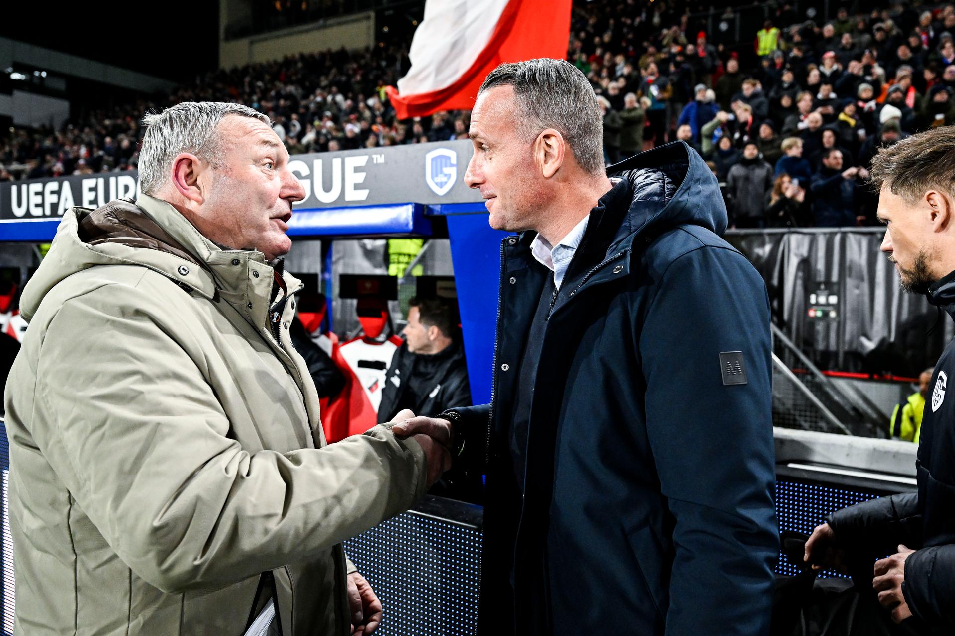 Genk's head coach Nicky Hayen and FC Utrecht?s head coach Ron Jans pictured ahead of a soccer game between Dutch soccer club FC Utrecht and Belgian KRC Genk, on Thursday 22 January 2026 in Utrecht, Netherlands, the seventh game (out of 8) in the league phase of the UEFA Europa League competition. BELGA PHOTO TOM GOYVAERTS