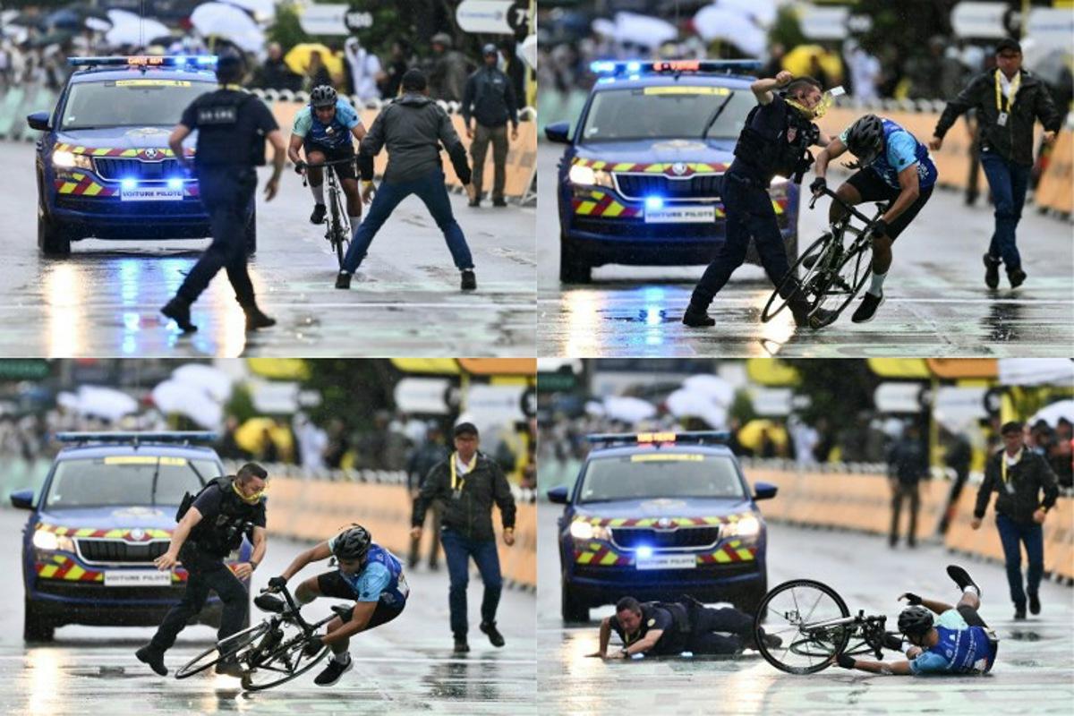 (COMBO) This combination of pictures created on July 23, 2025 shows a French Republican Security Corps (CRS - Compagnies Republicaines de Securite) officer and a Tour de France staff member intercepting an individual who attempts to cycle across the finish line minutes before the final sprint of the 112th edition of the Tour de France cycling race, 160.4 km between Bollene and Valence, southern France.  Marco BERTORELLO / AFP