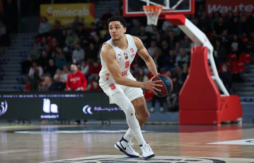 Spirou's Adedayo Polet pictured in action during a basketball match between Spirou Charleroi and Limburg United, Wednesday 18 February 2026 in Charleroi, on day 20 of the 'BNXT League' Belgian and Dutch first division basket championships. BELGA PHOTO VIRGINIE LEFOUR