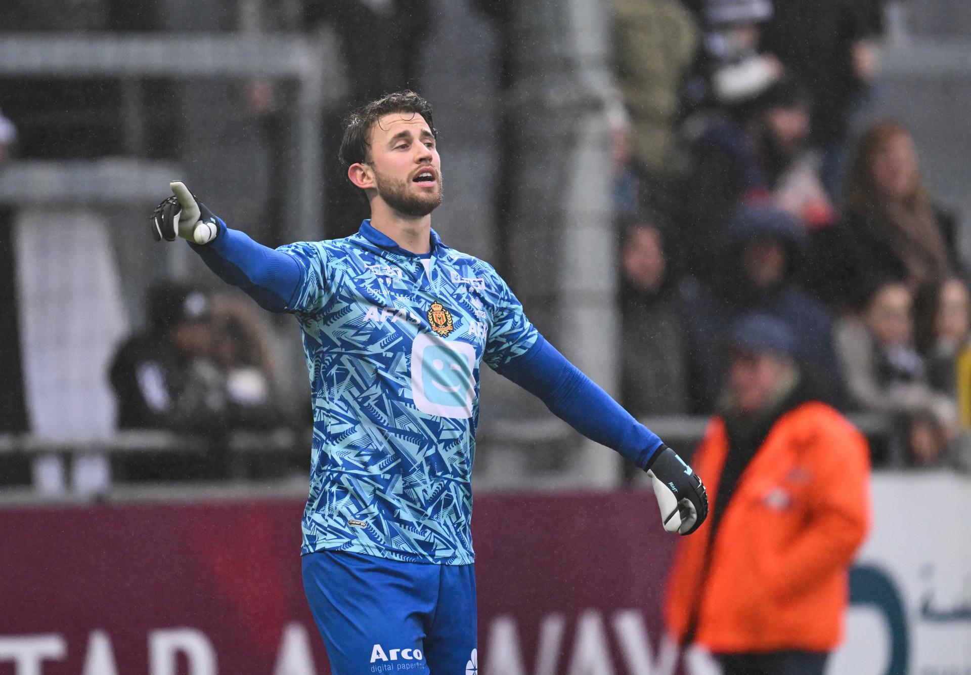 Mechelen's goalkeeper Gaetan Coucke reacts during a soccer match between KAS Eupen and KV Mechelen, Sunday 04 February 2024 in Eupen, on day 24 of the 2023-2024 'Jupiler Pro League' first division of the Belgian championship. BELGA PHOTO JOHN THYS