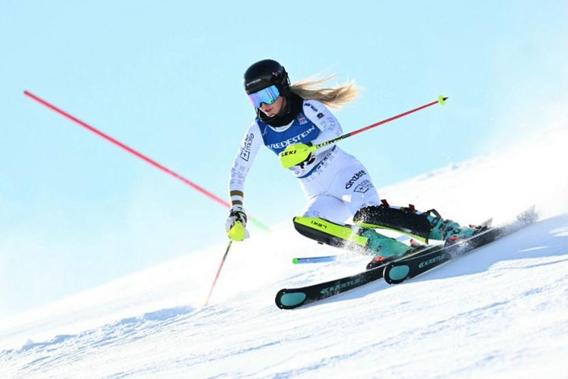 Belgium's Axelle Mollin competes in the first run of the Women's Slalom event of the Saalbach 2025 FIS Alpine World Ski Championships in Hinterglemm on February 15, 2025.  Fabrice COFFRINI / AFP
