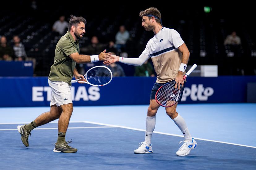 Monaco's Romain Arneodo and Belgian Sander Gille pictured in action during the European Open ATP tennis tournament in Brussels, on Monday 13 October 2025. This year's edition of the tournament is taking place from 12 to 19 October 2025. BELGA PHOTO JASPER JACOBS