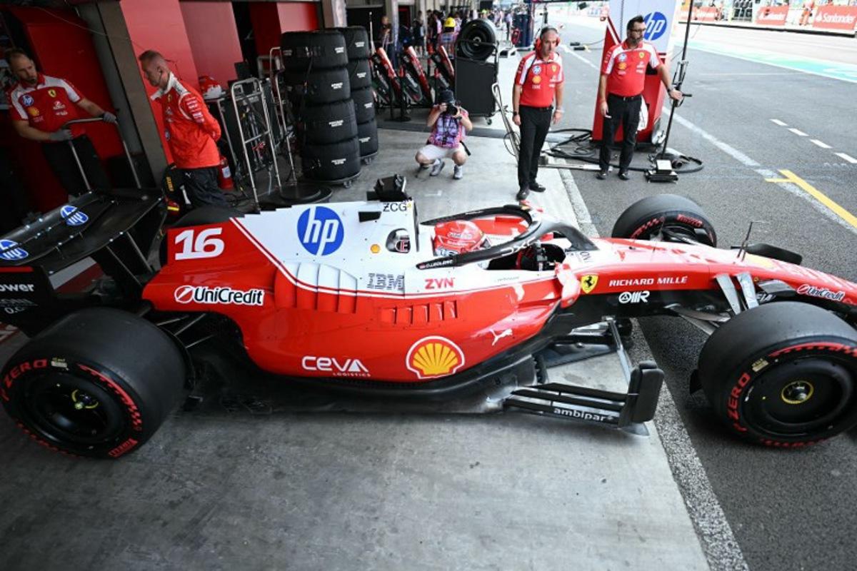 Ferrari's Monegasque driver Charles Leclerc leaves the garage during the first practice session of the Mexico City Formula One Grand Prix at the Hermanos Rodriguez racetrack in Mexico City on October 30, 2026.  YURI CORTEZ / AFP