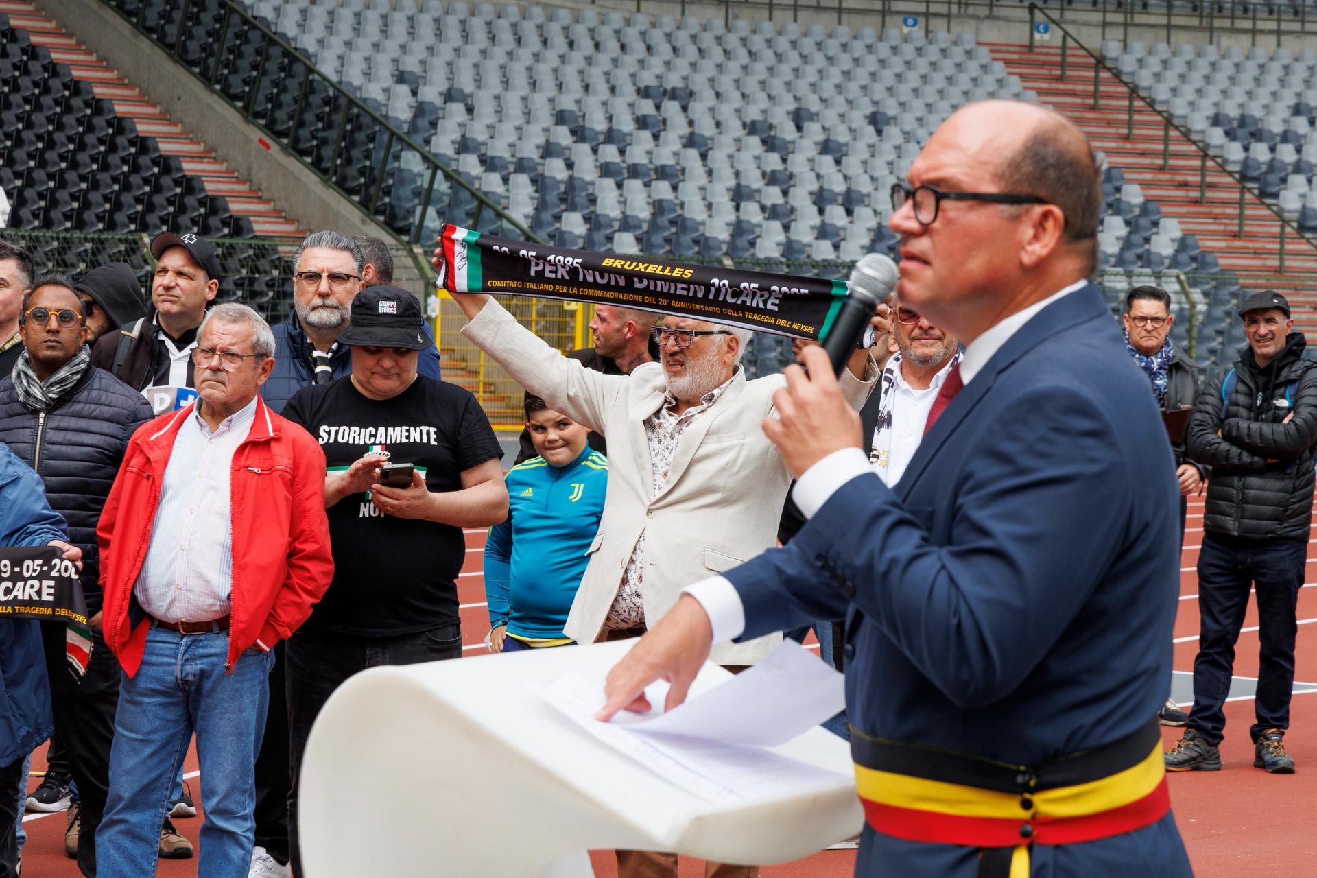 This picture is taken during a commemoration for the 1985 Heysel Stadium disaster in Brussels, Thursday 29 May 2025. On 29 May 1985, 39 persons died during clashes between supporters before the start of the European Cup final between Liverpool and Juventus. BELGA PHOTO NICOLAS MAETERLINCK