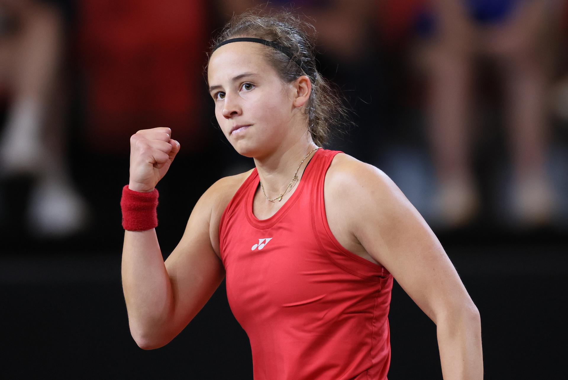 Belgian Hanne Vandewinkel reacts during the first game between Belgian Vandewinkel (WTA 94) and US' Jovic (WTA 16) on the first day of tennis matches between Belgium and USA, in the qualifiers of the Billie Jean King Cup tennis, in Oostende, Belgium, on Friday 10 April 2026. The meeting takes place on 10 and 11th April. PHOTO BENOIT DOPPAGNE