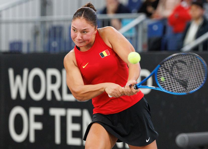 Belgian Sofia Costoulas pictured during the first game between Belgian Costoulas and Turkish Aksu in the Billie Jean King Cup Play-offs, between Belgium and Turkey, on Saturday 15 November 2025 in Ismaning, Germany. PHOTO BENOIT DOPPAGNE