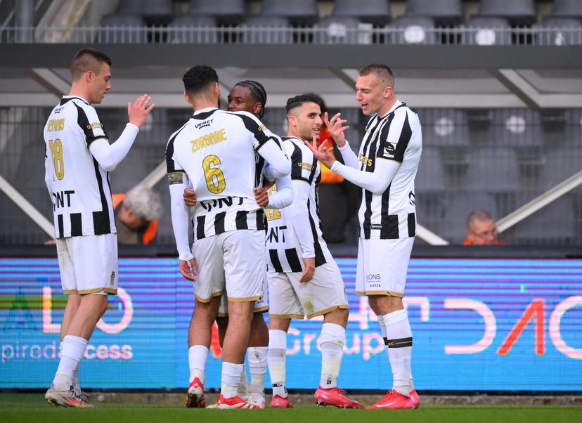 Charleroi's Nikola Stulic celebrates after scoring during a soccer match between Sporting Charleroi and KV Mechelen, Saturday 19 April 2025 in Charleroi, on day 4 (out of 10) of the Europe Play-offs of the 2024-2025 'Jupiler Pro League' first division of the Belgian championship. BELGA PHOTO JOHN THYS