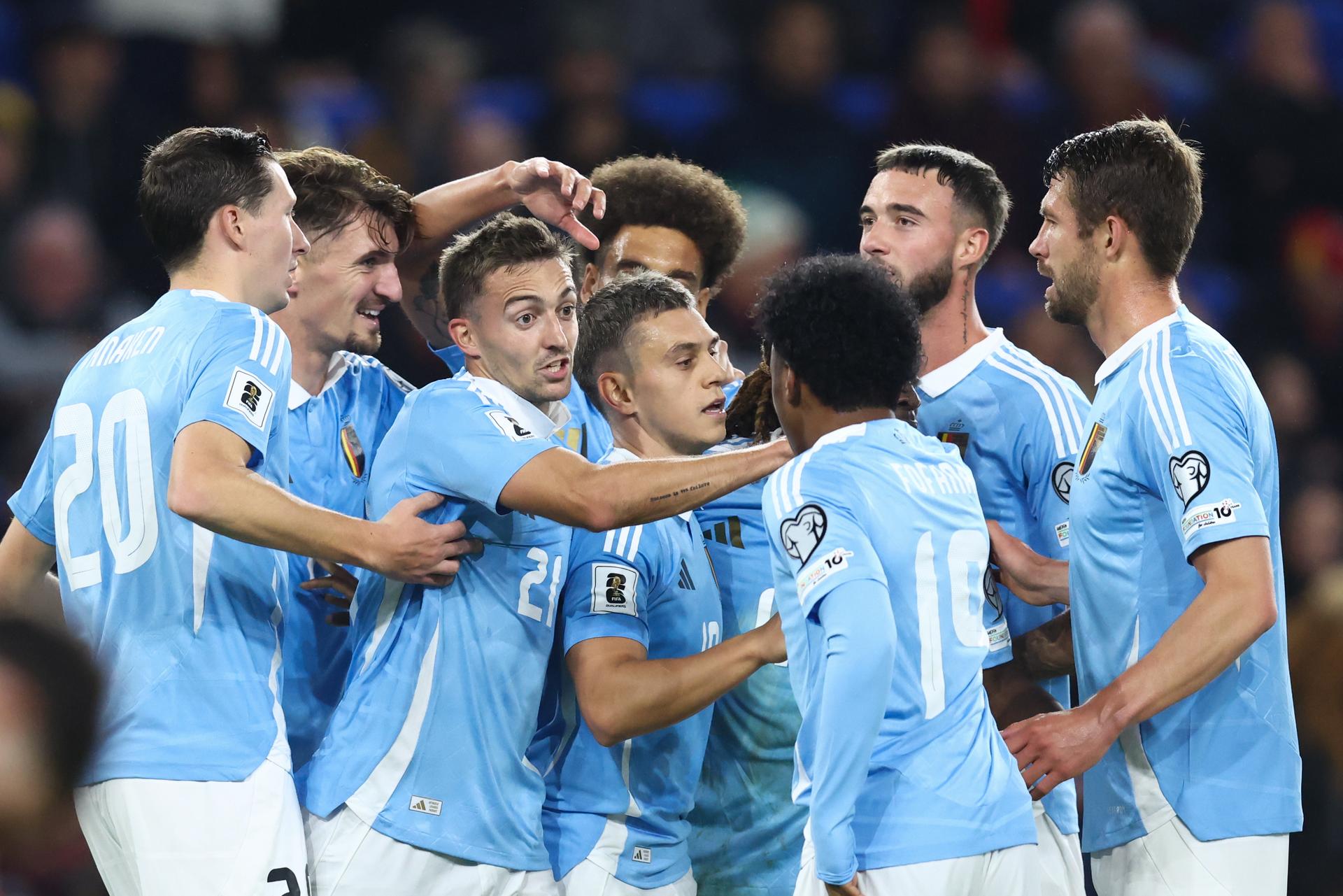 Belgium's Leandro Trossard celebrates after scoring during a soccer game between Wales and Belgian national team Red Devils, in Cardiff, Wales on Sunday 12 October 2025, qualifier 6/8 for the 2026 FIFA World Cup. BELGA PHOTO BRUNO FAHY