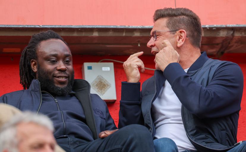 Standard's Reginald Goreux and Standard's U23 head coach Sebastien Grandjean pictured at the start of a soccer match between Standard de Liege and FCV Dender EH, Saturday 17 May 2025 in Liege, on day 9 (out of 10) of the Europe Play-offs of the 2024-2025 'Jupiler Pro League' first division of the Belgian championship. BELGA PHOTO VIRGINIE LEFOUR