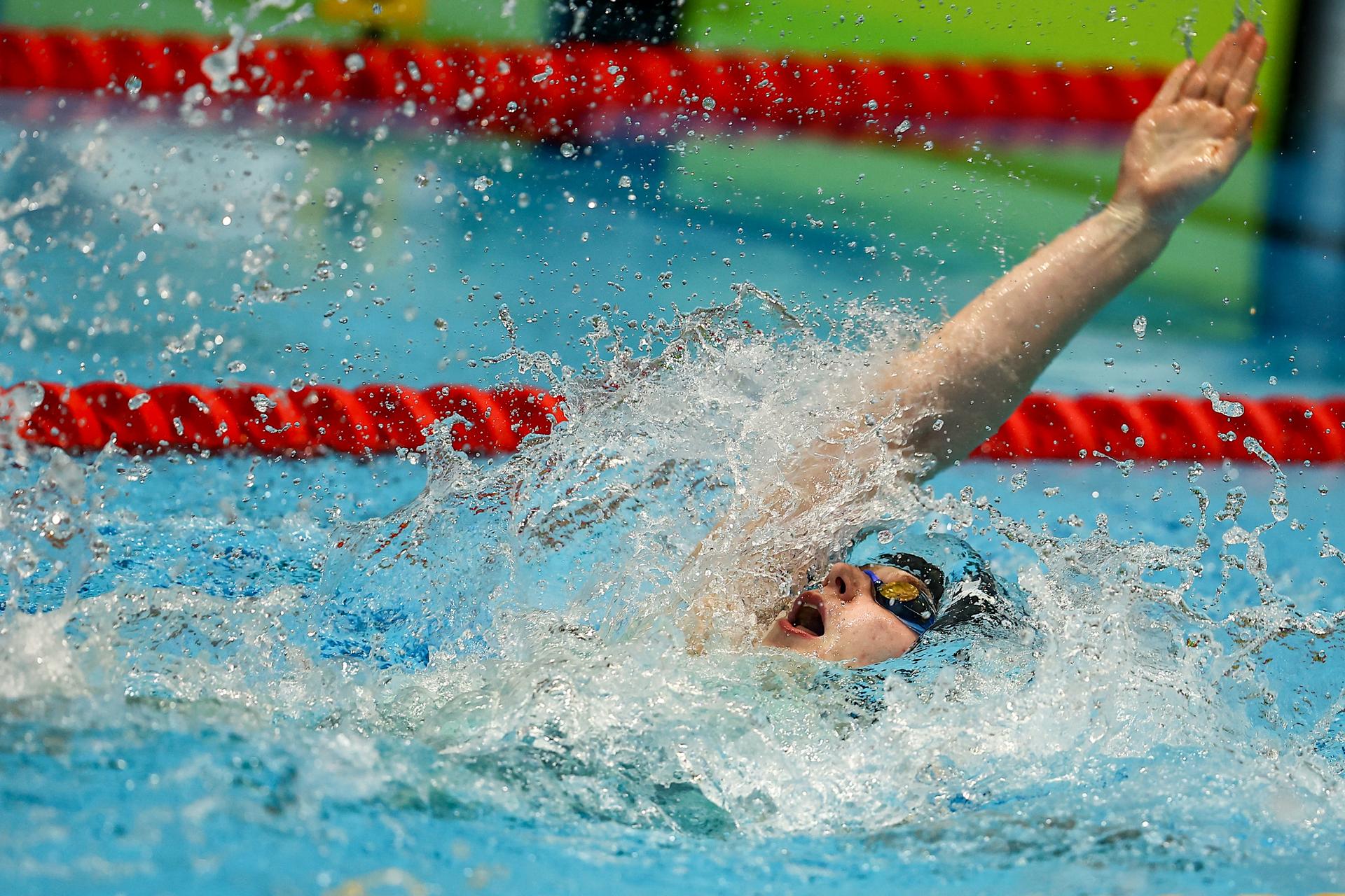 Belgian swimmer Roos Vanotterdijk pictured in action during the 50m backstroke race during the Open Belgian Swimming Championships 2025 (25-27/04), in Antwerp, on Friday 25 April 2025. BELGA PHOTO DAVID PINTENS