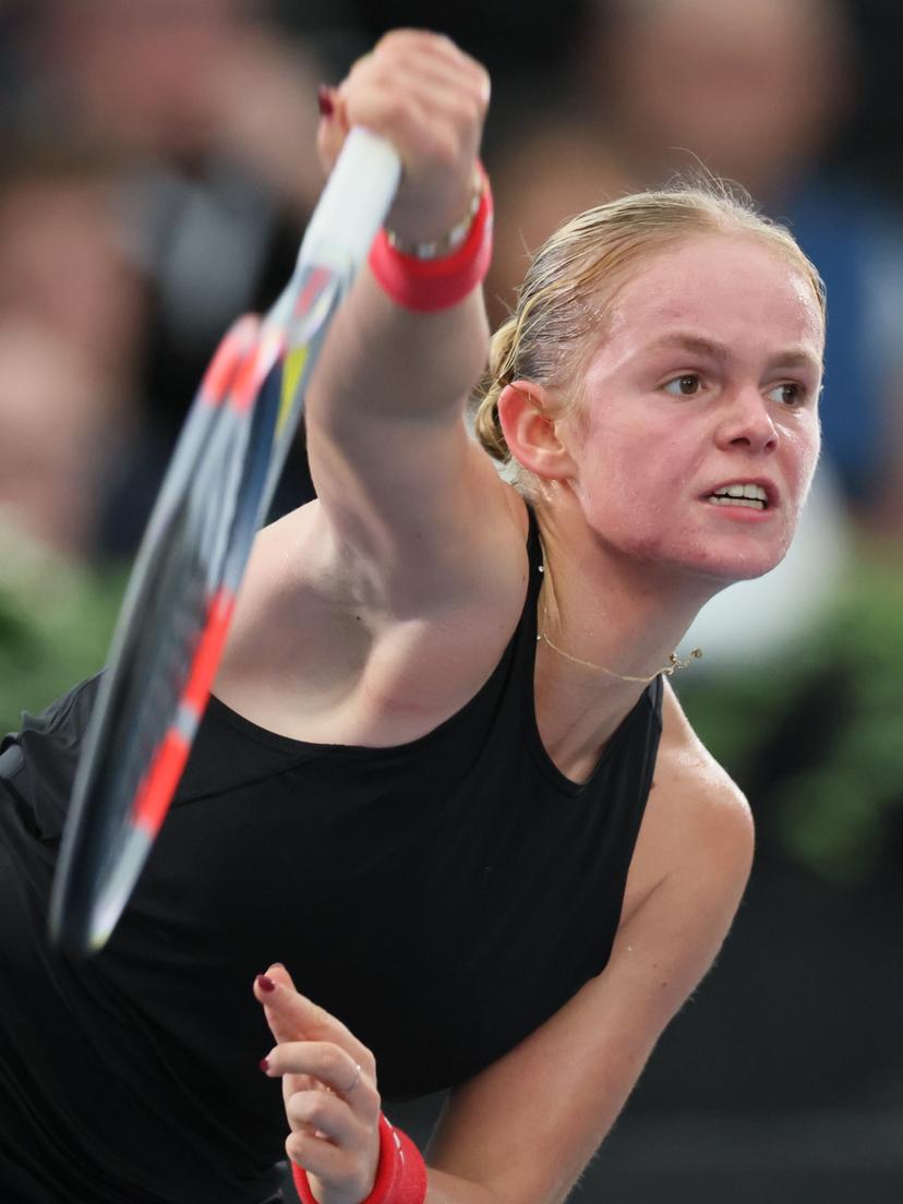 Belgian Jeline Vandromme pictured in action during the first game between Belgian Vandromme and German Friedsam in the Billie Jean King Cup Play-offs, between Belgium and Germany, on Sunday 16 November 2025 in Ismaning, Germany. PHOTO BENOIT DOPPAGNE