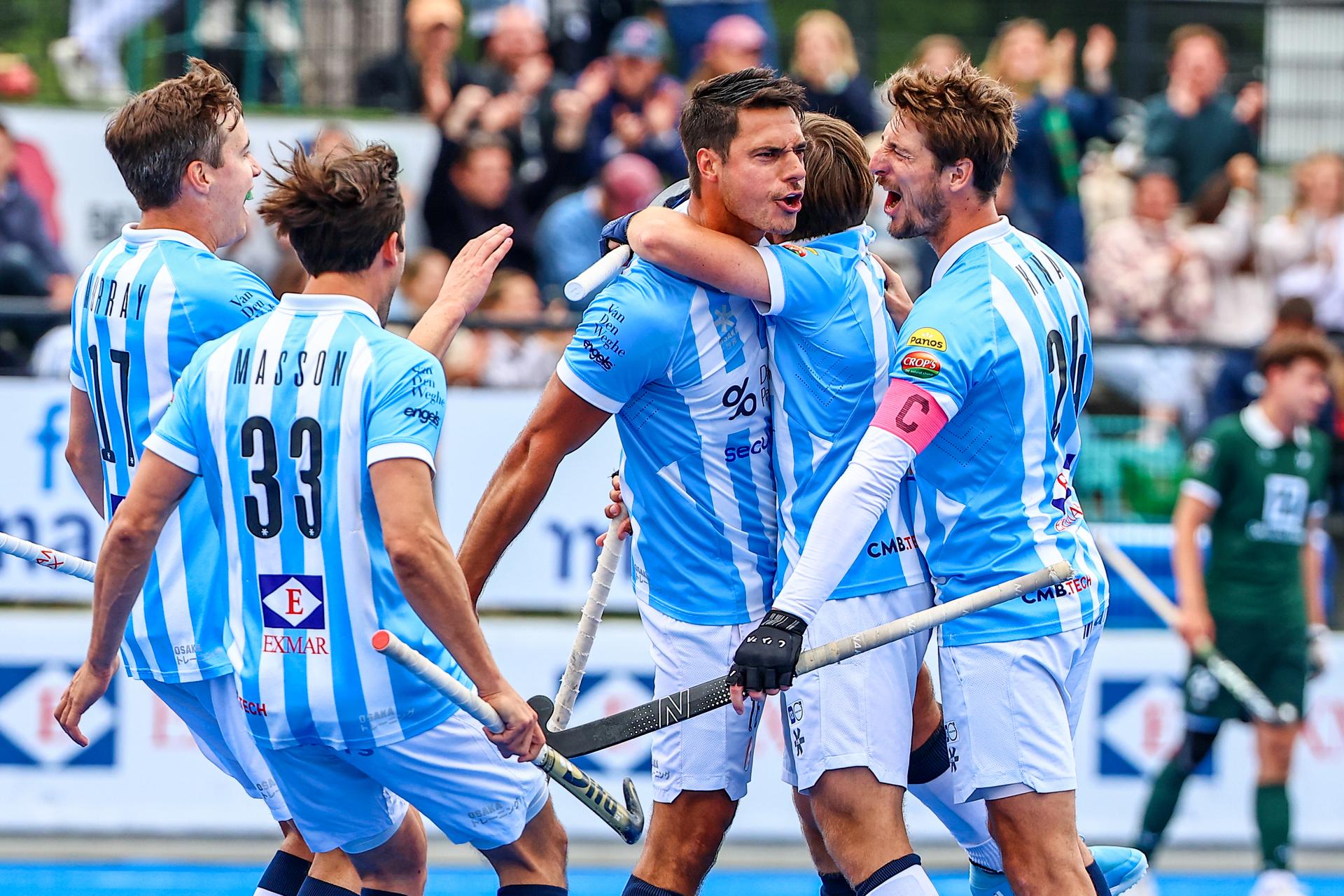 Gantoise's Alexander Hendrickx celebrates after scoring during a hockey game between Gantoise and Waterloo Ducks, Sunday 18 May 2025 in Gent, in the semi-finals of the playoffs in the Belgian Hockey League men during the 2024-2025 season. BELGA PHOTO DAVID PINTENS
