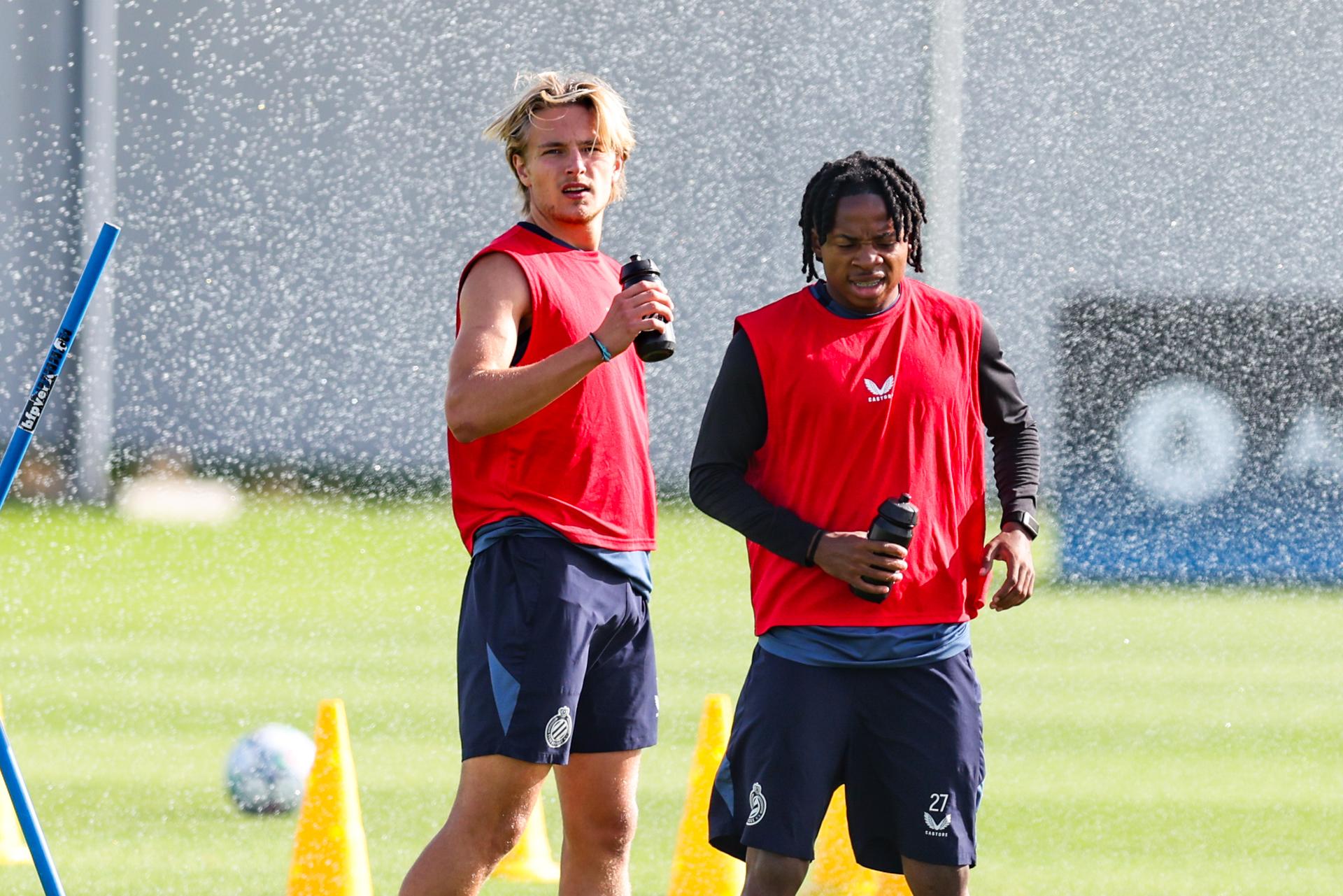 Club's Romeo Vermant and Club's Mike Wisdom are pictured during a training session of Belgian soccer team Club Brugge KV, Monday 7 September 2026 in Knokke-Heist. Club is preparing for the first game in the UEFA Champions League league phase against English Aston Villa FC tomorrow. BELGA PHOTO BRUNO FAHY