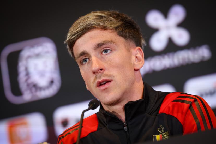 Belgium's Alexis Saelemeakers pictured during a press conference of the Red Devils, the Belgian national soccer team, at the Proximus Basecamp in Tubize, Tuesday 03 June 2025. The team is preparing for the World Cup 2026 qualifiers against Northern Macedonia (06/06) and Wales (09/06). BELGA PHOTO VIRGINIE LEFOUR