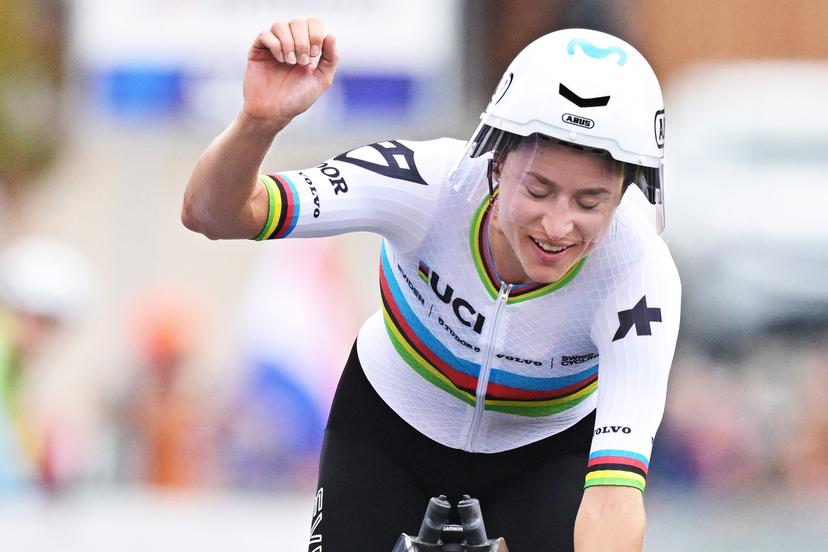 Switzerland's Marlen Reusser celebrates after winning the Women Elite Individual Time Trial race (22km) at the cycling UEC Road European Championships, in Ljubljana, Slovenia, on Wednesday 7 October 2026. The UEC Road European Championships are taking place from 02 to 07 October in Ljubljana, Slovenia. BELGA PHOTO DAVID PINTENS