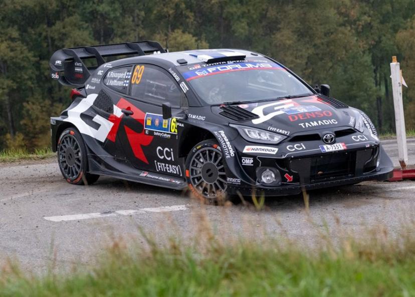 Finnish driver Kalle Rovanpera and co-driver Jonne Halttunen compete in their Toyota GR Yaris Rally1 car during day three of the FIA World Rally Championship WRC Central European Rally at the SS9 "Made in FRG" stage near Roehrnbach close to Passau, southern Germany on October 18, 2025.  Joe Klamar / AFP