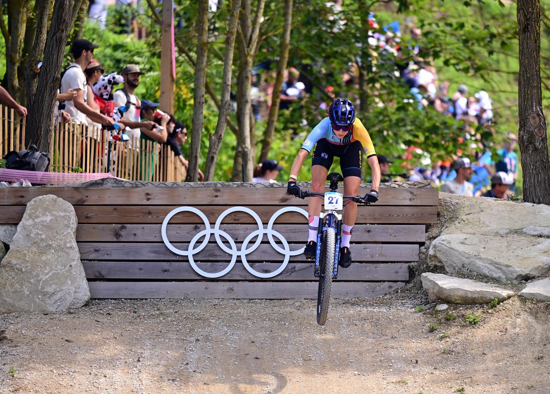 Belgian Emeline Detilleux pictured in action during the women's cross-country cycling race of the Paris 2024 Olympic Games, at the Colline d'Elancourt climb near Paris, France on Sunday 28 July 2024. The Games of the XXXIII Olympiad are taking place in Paris from 26 July to 11 August. The Belgian delegation counts 165 athletes competing in 21 sports. BELGA PHOTO LAURIE DIEFFEMBACQ