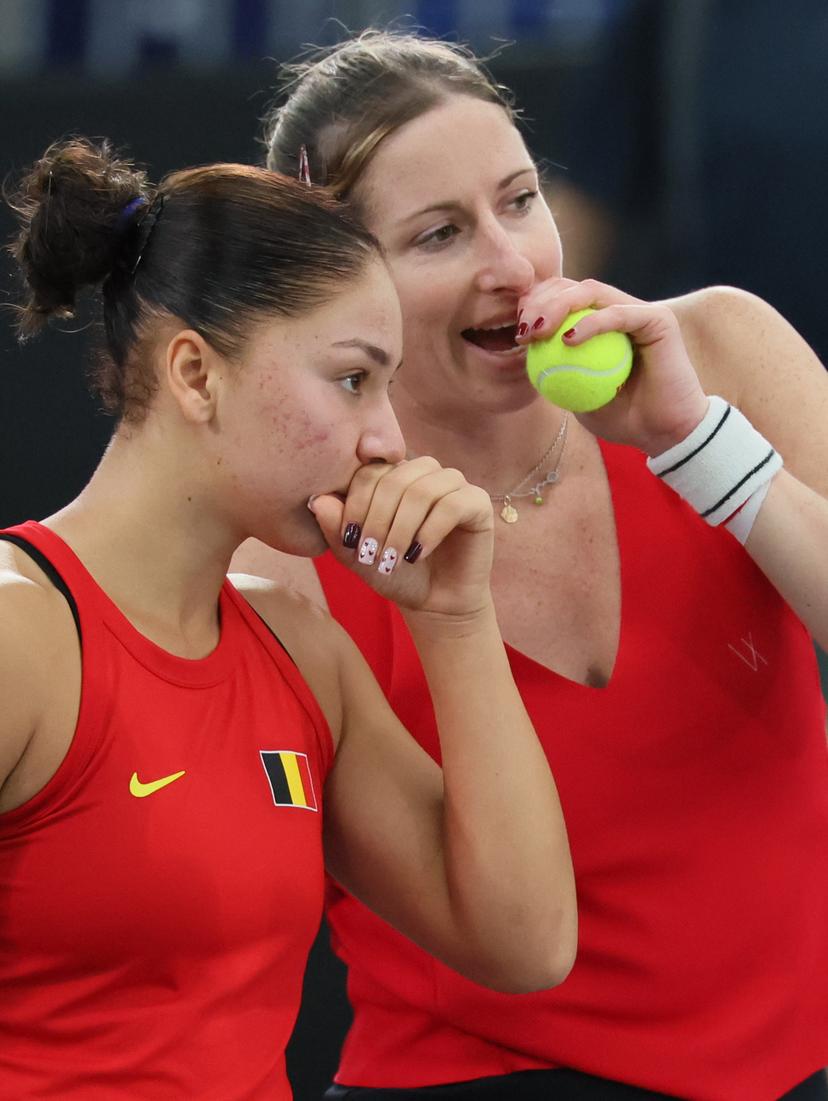 Belgian Sofia Costoulas and Belgian Magali Kempen pictured during the third game, a double game between Belgian pair Costoulas-Kempen and Turkish pair Aksu-Oz, in the Billie Jean King Cup Play-offs, between Belgium and Turkey, on Saturday 15 November 2025 in Ismaning, Germany. PHOTO BENOIT DOPPAGNE