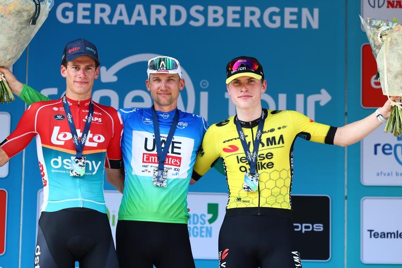 Belgian Alec Segaert of Lotto Dstny, Belgian Tim Wellens of UAE Team Emirates and Norwegian Per Strand Hagenes of Team Visma-Lease a Bike pictured on the podium after the fifth and last stage of the 'Renewi Tour' multi-stage cycling race, from Menen to Geraardsbergen (202,5 km) on Sunday 01 September 2024. The five-day race takes place in Belgium and the Netherlands.  BELGA PHOTO DAVID PINTENS