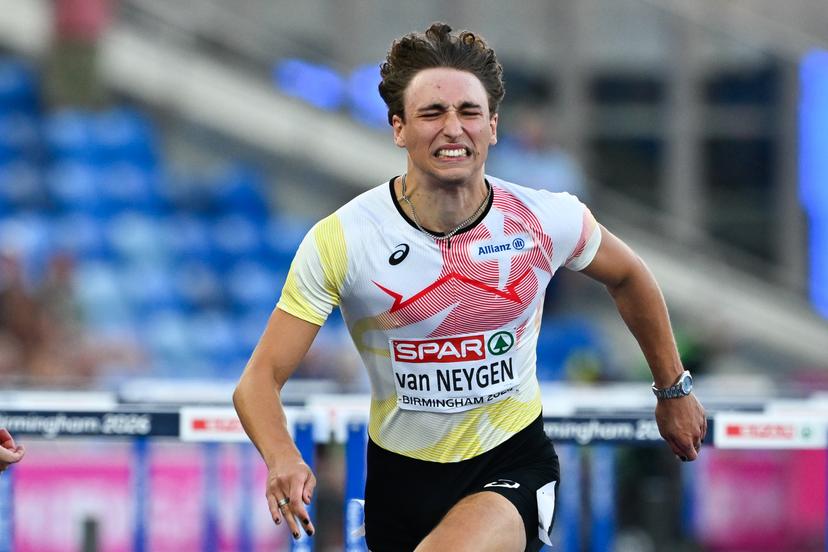 Belgium's Zeno van Neygen is pictured in action during the semifinals of the Men 110m hurdles race, on the second day of the European Athletics Championships (August 10-18) in Birmingham, United Kingdom, on Wednesday 12 August 2026. BELGA PHOTO ERIC LALMAND
