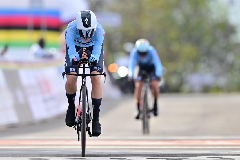 Belgian Julie van de Velde crosses the finish line of the Team Time Trial Mixed Relay race (41,8km) at the cycling road world championships, in Kigali, Rwanda, Wednesday 24 September 2025. The 2025 UCI Road World Championships take place from 21 to 28 September in Kigali, Rwanda. BELGA PHOTO DIRK WAEM